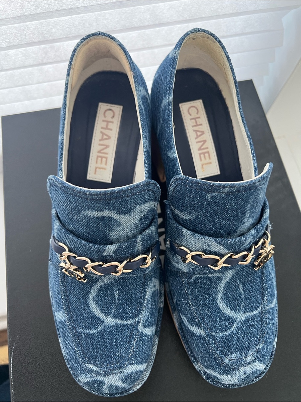 CHANEL Blue Denim Chain-Trim Loafers